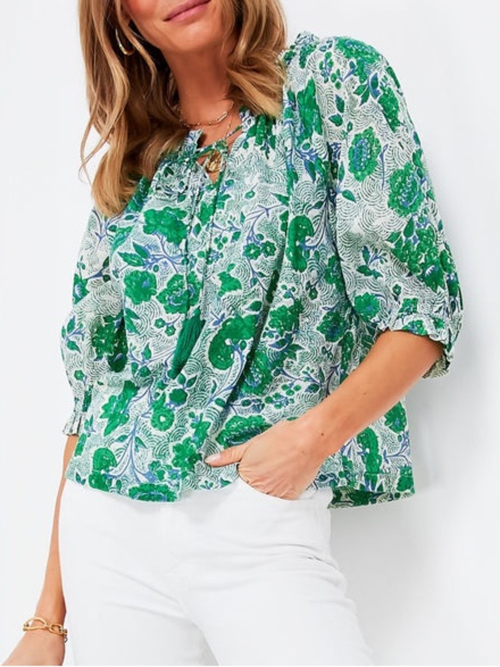 Tuckernuck Ro’s Garden Havana Shirt Top Floral Tassel Ties Green Approx S
